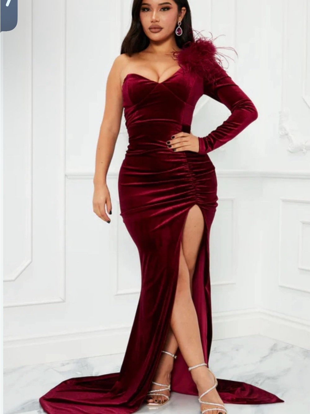 Fashion Nova Wine One-Shoulder Velvet Gown with Feather Detail